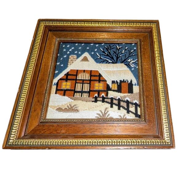VTG Framed Crewel Longstitch Needlepoint Winter Cabin Rustic Handmade Art 12X12 - Picture 6 of 6